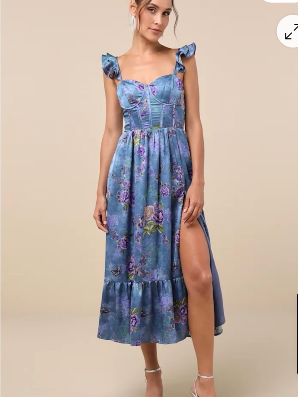 NWT Lulu's Blue Floral Ruffle Strap Midi Dress with Side Slit - Picture 2 of 4